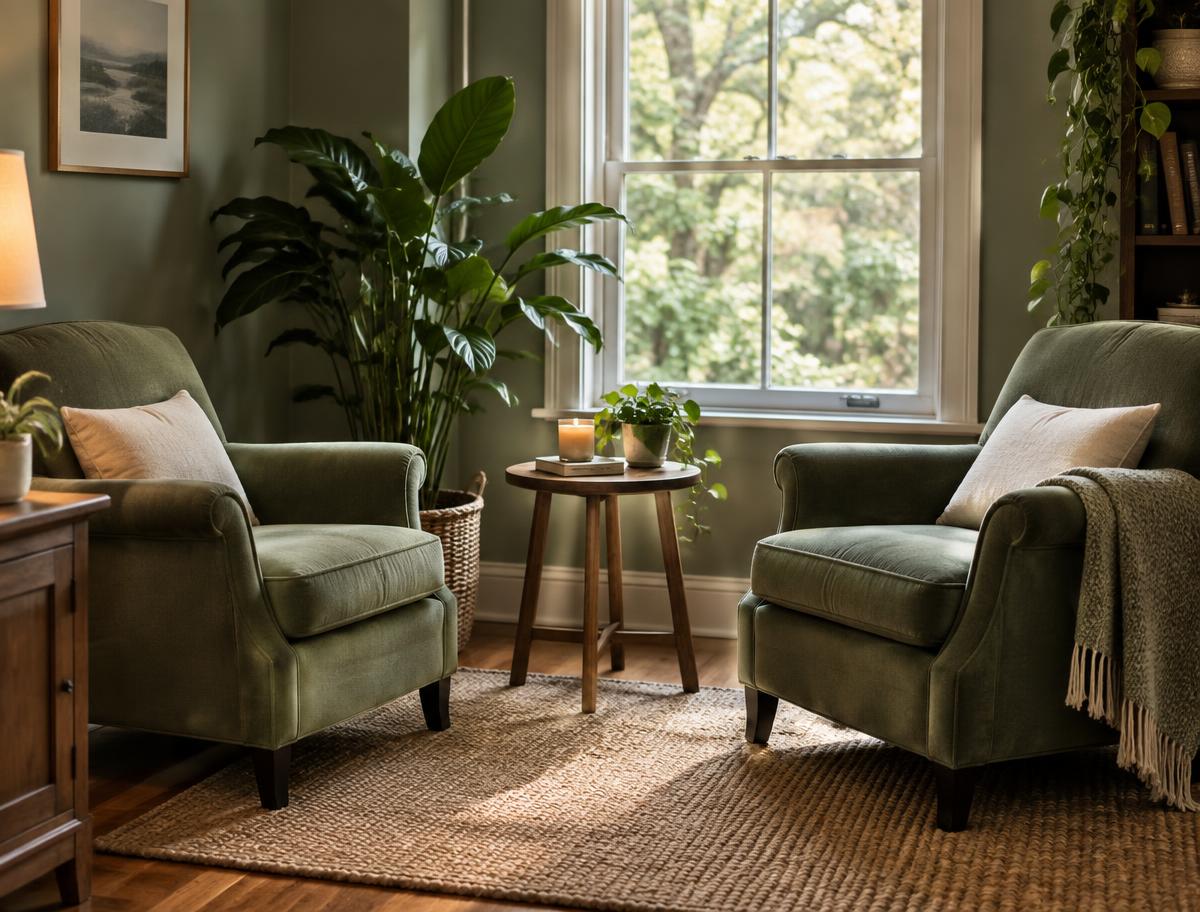 Two comfortable green armchairs facing each other in a warm, quiet room