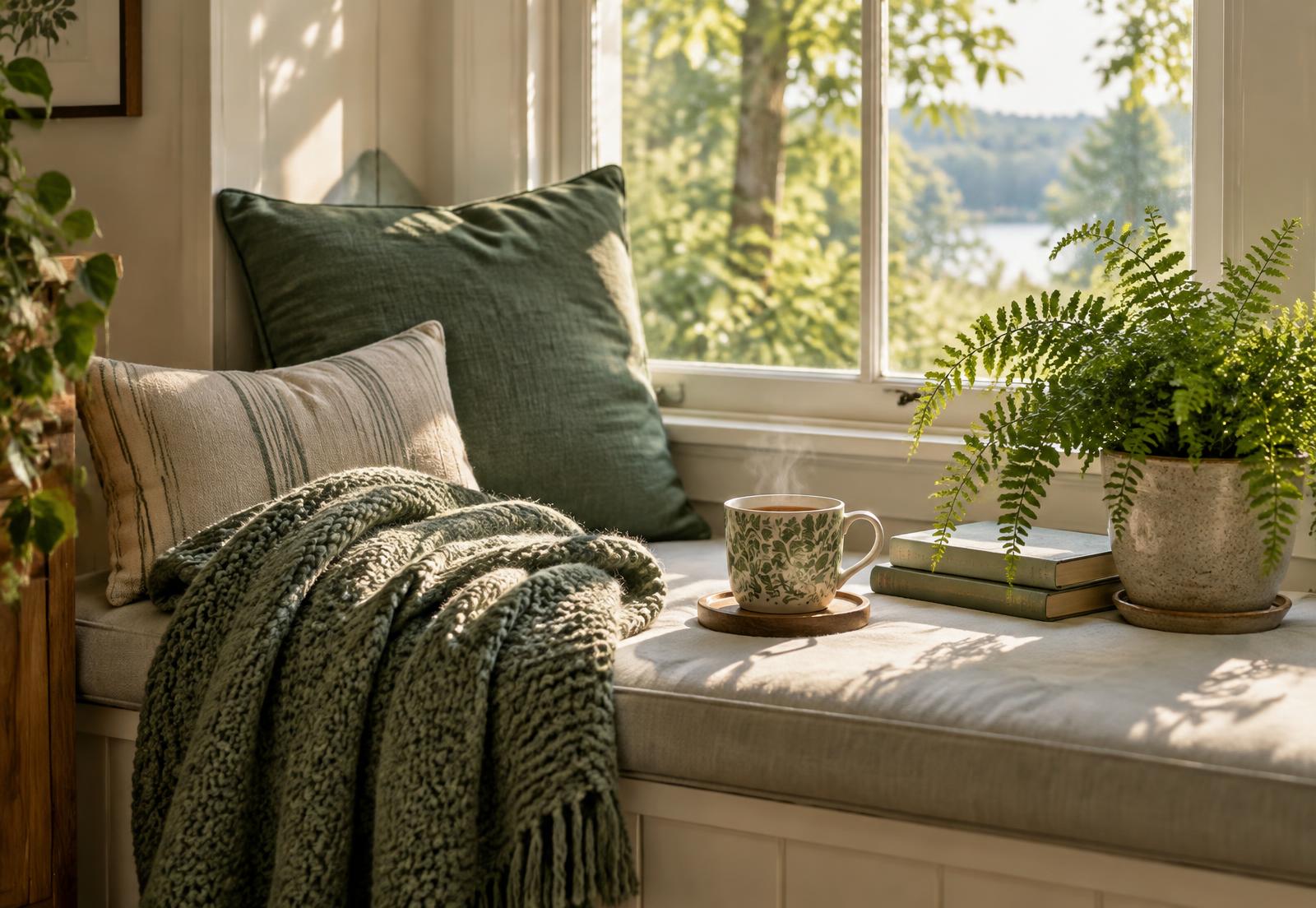 A sunlit window seat with tea, a soft blanket and a green fern